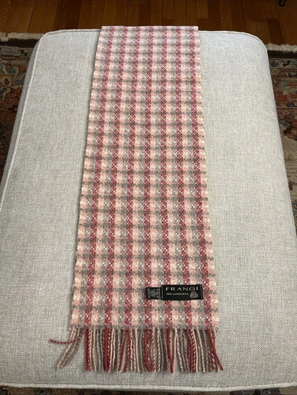Vintage FRANGI Scarf 100% LAMBSWOOL Made In England Pink Plaid Fringe 10X60